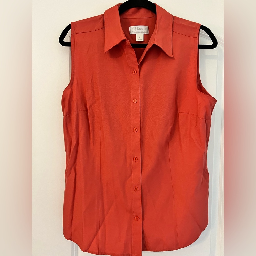 CJ Banks Orange Sleeveless Button-Down Shirt